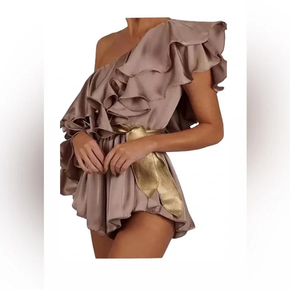 Women Elegant Ruffles Solid Jumpsuit In Khaki Sizes S - Picture 3 of 6